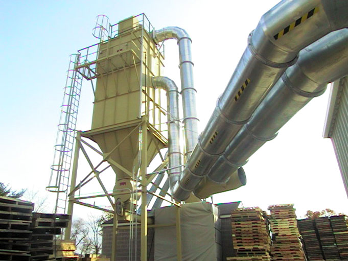 The large diameter duct work was also installed by the expert Air Cleaning Systems crews for this pallet company Industrial baghouse dust collectors for pallet companies