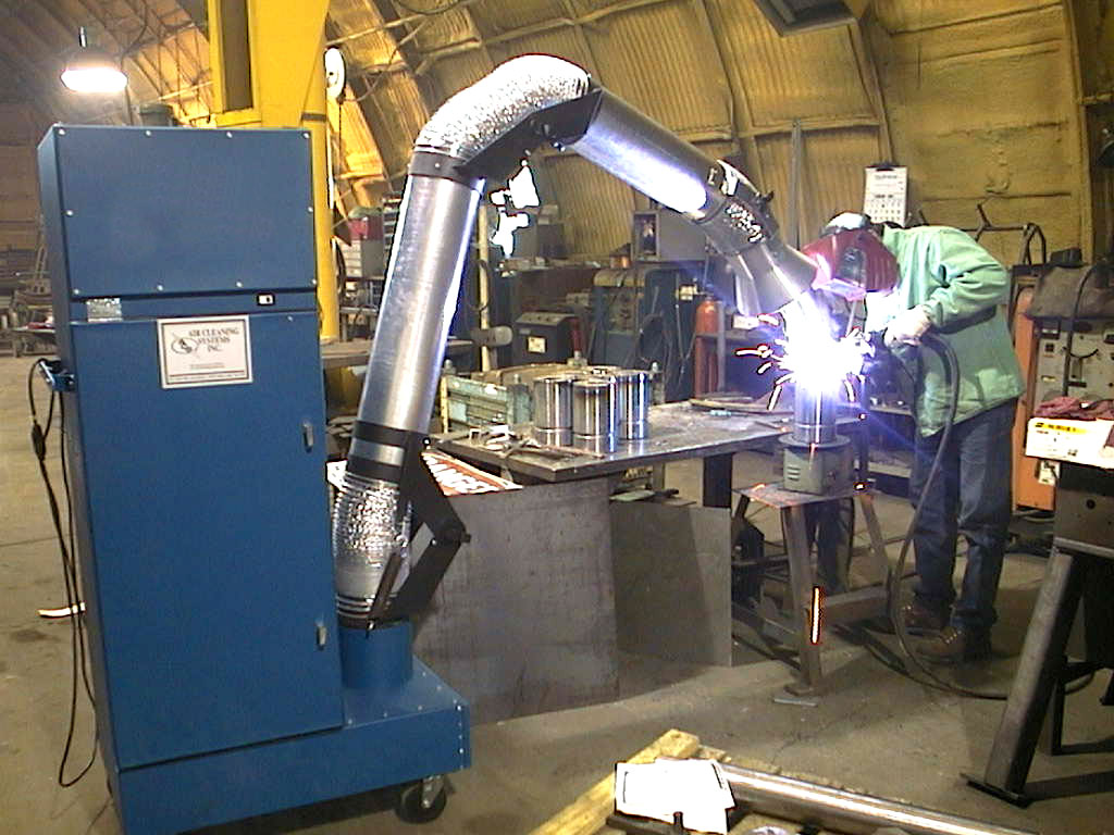 This portable unit has a fume arm to keep the welding smoke and fumes out of the face of the employee. industrial portable air cleaning systems with fume arms