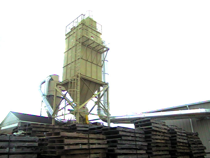 Pallet manufacturers create a lot of dust in their construction process. ACS engineered, designed and installed a large baghouse dust collector for this pallet company Pulse jet baghouse engineering and design